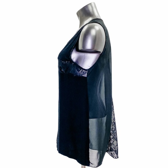 ISSI Black Sheer Mesh Lace Sleeveless High Low Tank Top Blouse - Picture 4 of 10